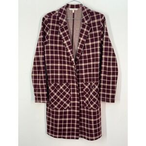 Harlyn Women's Plaid Longline Blazer Burgundy Beige Cardigan Casual Medium